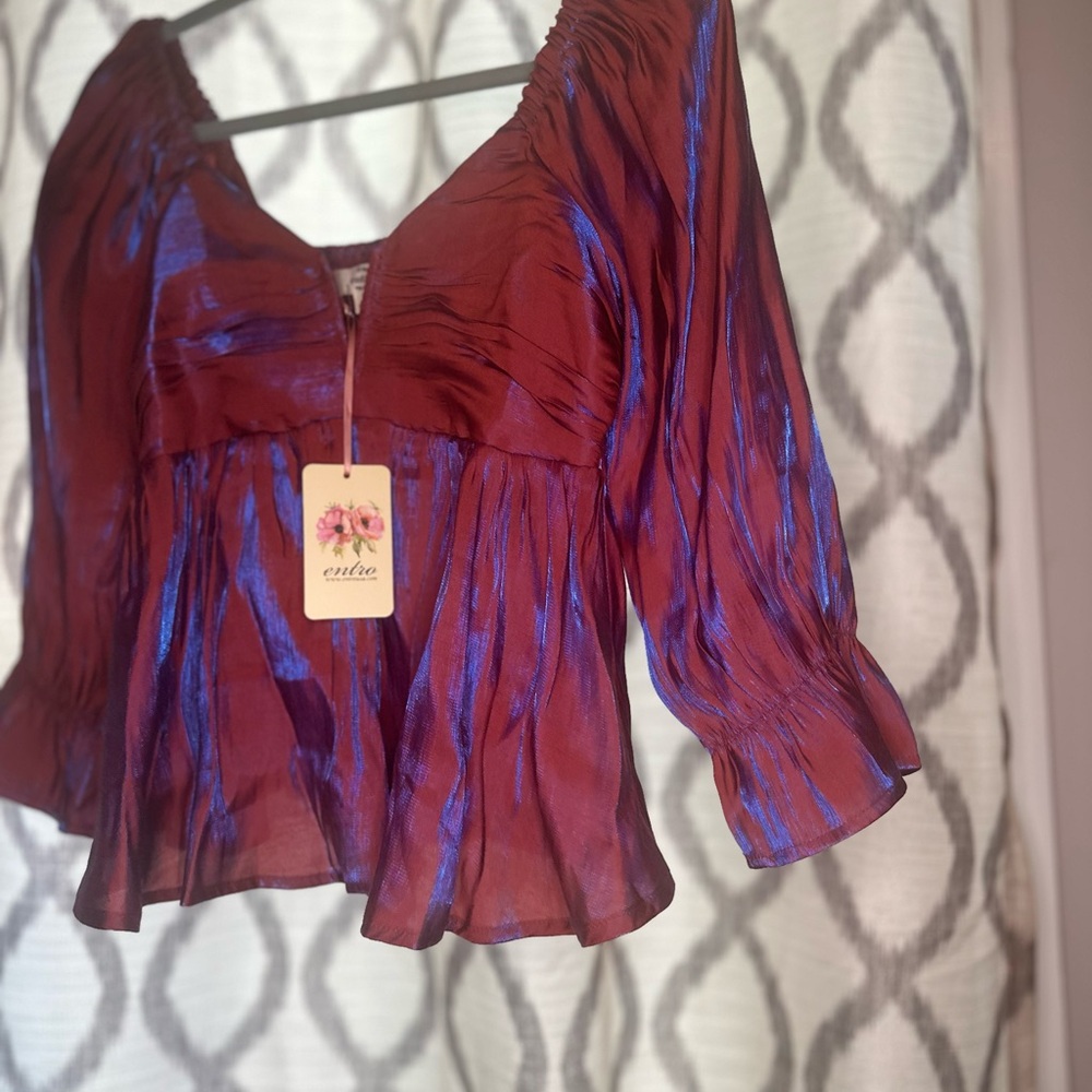 Entro Red and Blue Ruched Ruffled Blouse